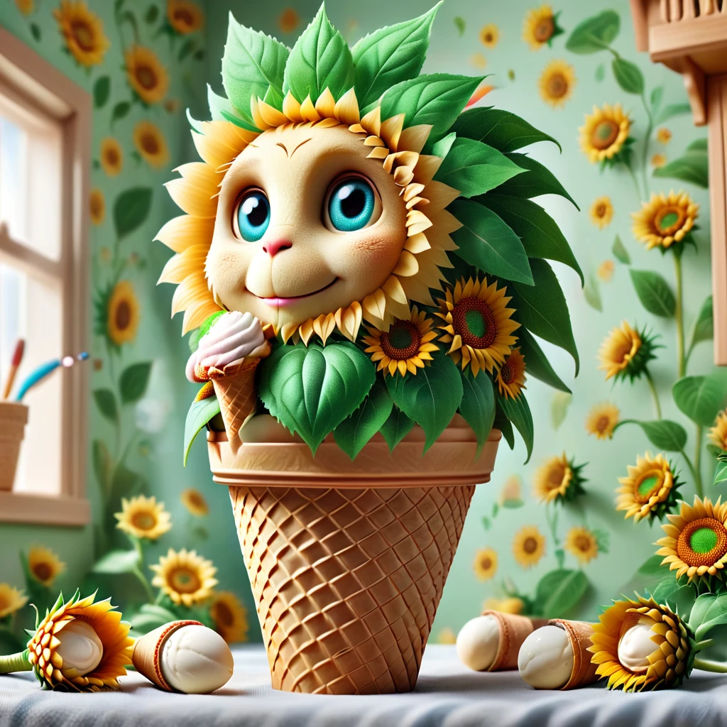 a ice cream cone made of sunflowers in a 's bedroom, depth of field, detailed background, masterpiece, digital photograph, DSLR, (ludicrously detailed:1.46)
<lora:sunflowers-000011:1>
