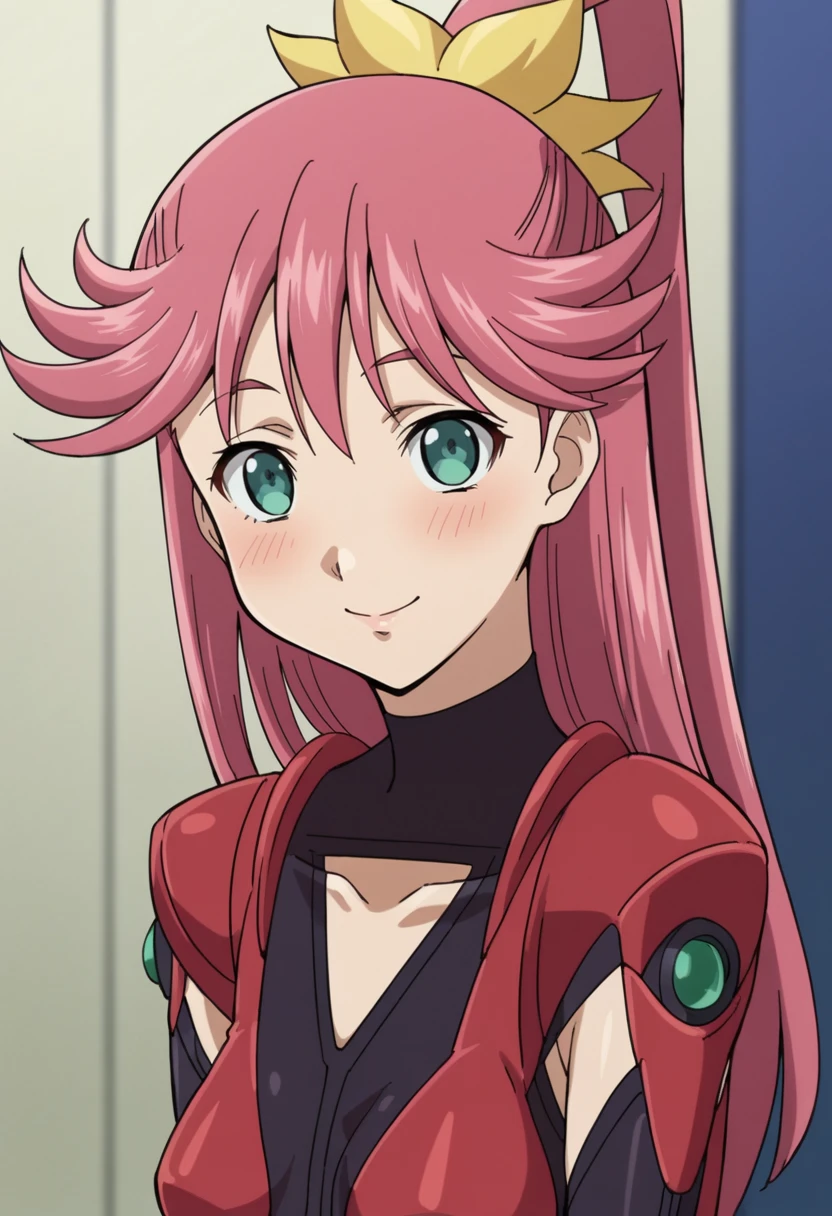 score_9,score_8_up,score_7_up,anime coloring BREAK source_anime,anime,1girl,solo,<lora:Priscilla_gunxsword:0.8>,priscilla,pink hair,long hair,ponytail,green eyes,pilot suit,thighhighs,leotard,smile,light_blush,close_mouth,looking_at_viewer,indoors,upper_body,portrait,