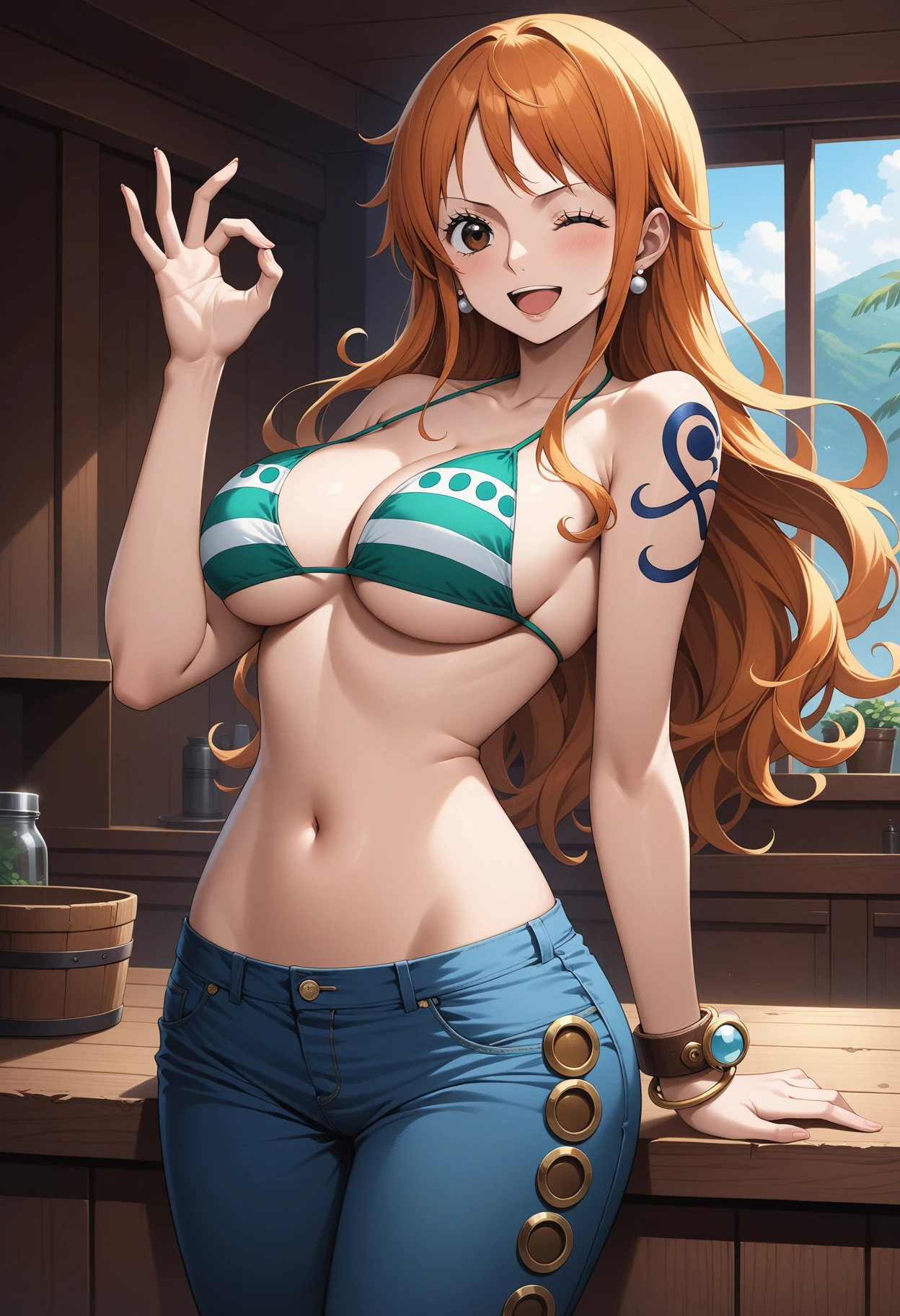 (masterpiece, best quality, very aesthetic, ultra detailed), intricate details, 4k, aanami, long hair, orange hair, earrings, brown eyes, shoulder tattoo, breasts, collarbone, bare shoulders, cleavage, bikini top only, striped bikini, green bikini, bracelet, jeans, blue pants, <lora:nami_animagine_v1:0.9>, standing, cowboy shot, smile, open mouth, one eye closed, ok sign