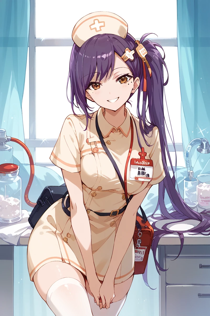 score_9, score_8_up, score_7_up, score_6_up, 1girl,
 <lora:Liu_Mei_Fan_r1:0.9> liu, long hair, purple hair, side ponytail, mole under eye, solo, nurse cap, looking at viewer, nurse, smile, bandaid, name tag, brown eyes, thighhighs, hair ornament, breasts,