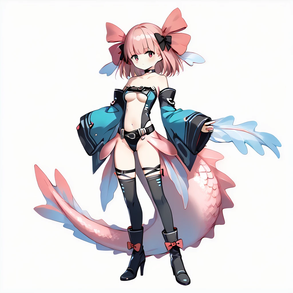 <lora:AxolotlWorld_Concept:0.8> AxolotlWorldXLP , scales, thick tail, bangs, axolotl girl, colored skin, monster girl,  <lora:dizzy:1> dizzyoutfit, ribbon, thighhighs, choker,high heels, bare shoulders, boots, bow, hair ribbon, navel,  ankle boots, underboob, detached sleeves, long sleeves, midriff, hair bow, cleavage, belt, thighs, black legwear, multiple belts, leotard, center opening, wide sleeves, collarbone, thigh strap