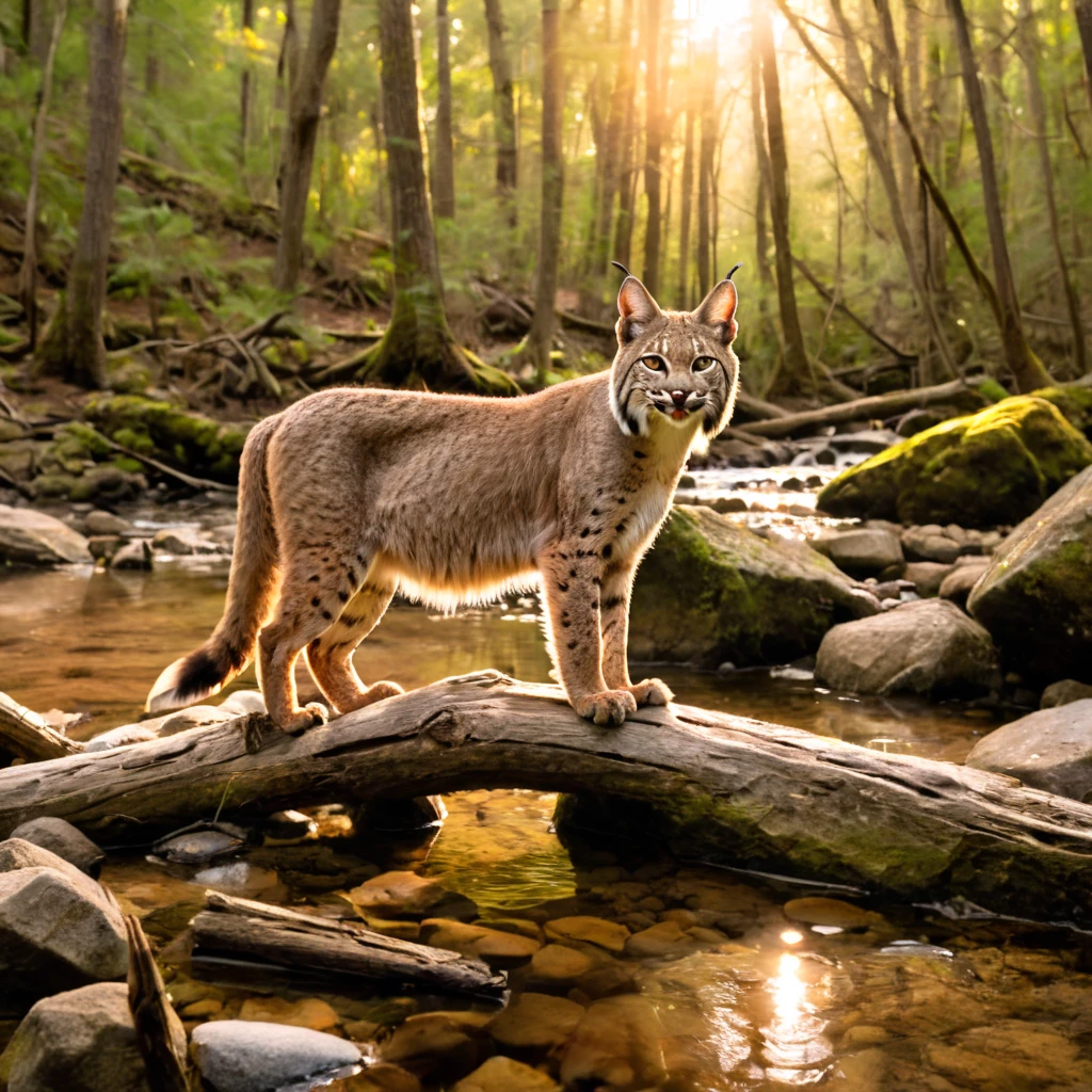 a bobcat in a creek in a north American forest, sunrise