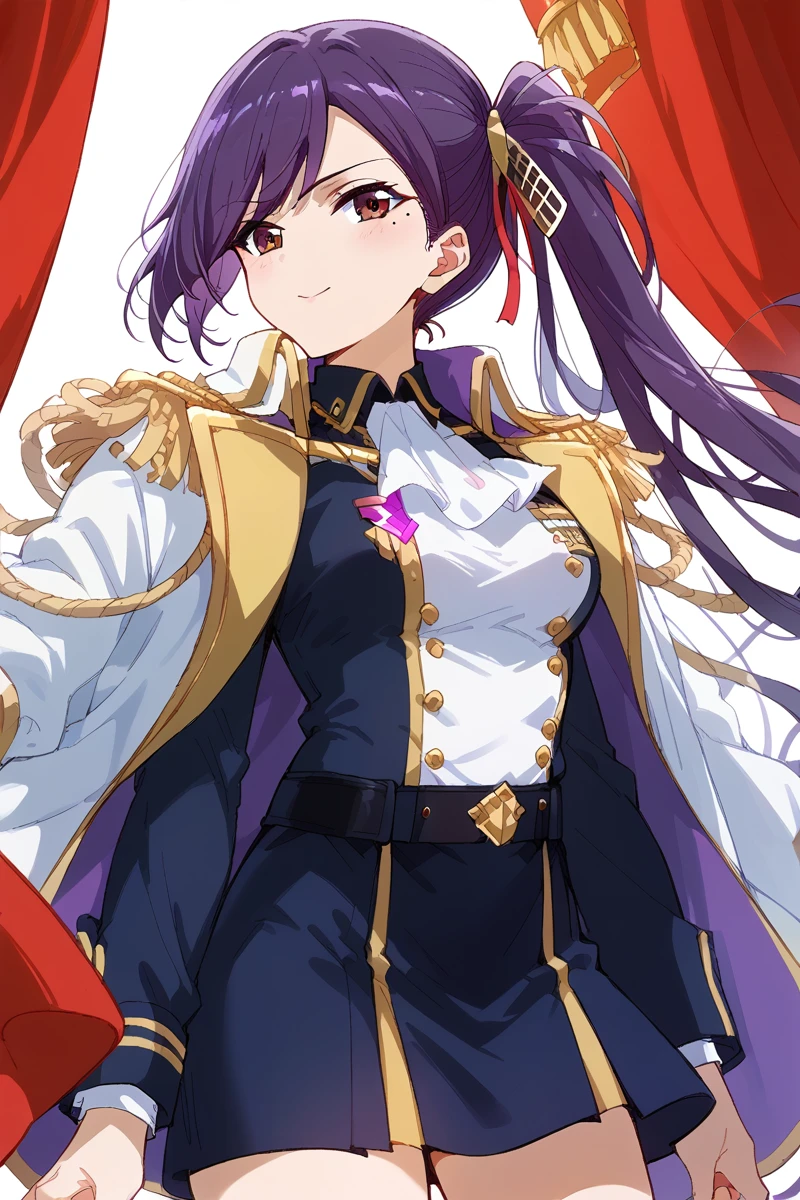 score_9, score_8_up, score_7_up, score_6_up, 1girl,
 <lora:Liu_Mei_Fan_r1:0.9> liu, long hair, purple hair, side ponytail, mole, jacket, epaulettes, stage outfit, color lights, red curtain, stage