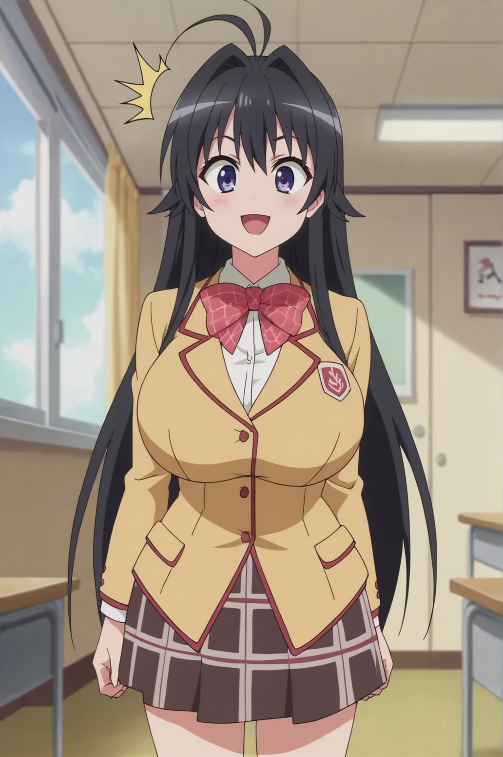 score_9, score_8_up, score_7_up,anime_source, source_anime, best background, detailed background, anime screencap, Chizuri, 1girl, ahoge, long hair, school uniform, solo, ^^, sedictive smile, huge breasts, bow, indoors, <lora:JN_Chizuru_Minamoto:0.8>