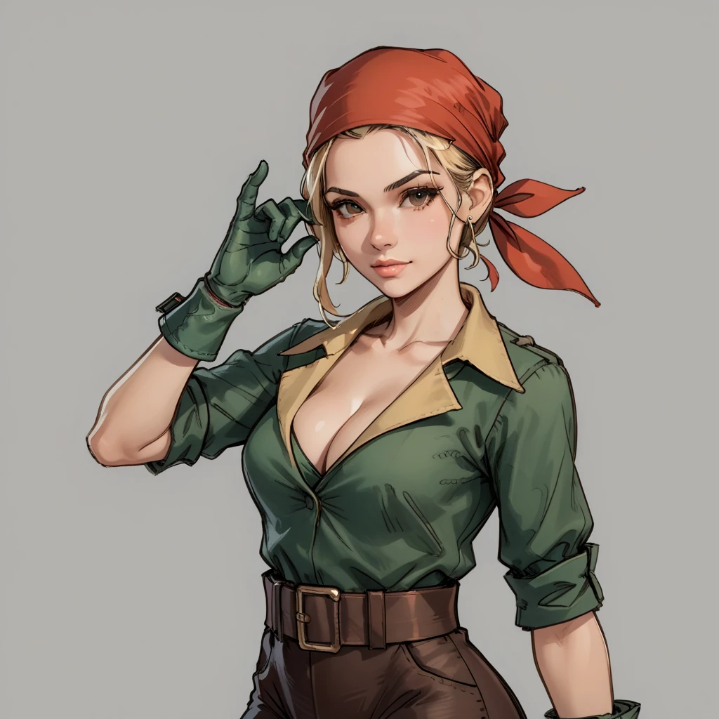 fftthief, 1girl, solo, gloves, blonde hair, bandana, shirt, cleavage, green shirt  <lora:Final_Fantasy_Tactics_Thief:.5> fftthief, 1girl, solo, gloves, blonde hair, bandana, shirt, cleavage, green shirt, score_9, score_8_up, score_7_up, source_sketch, source_drawing, sketch, source_sketch,, grey background, blank background,, sexy pose, sexy, slutty, seductive, flirty, flirt,