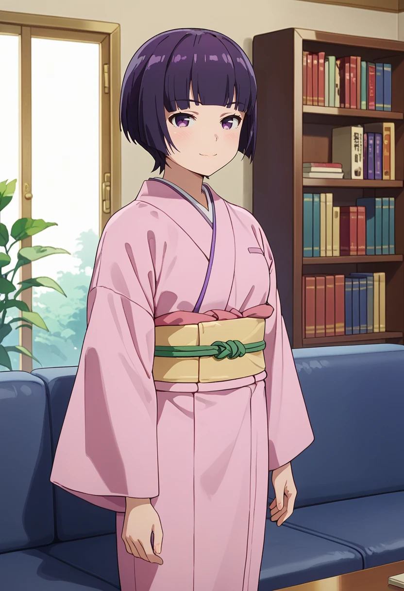 score_9,
<lora:EromangaSensei_SenjuMuramasaXL:0.8>, SenjuMuramasa,
1girl, solo, closed mouth, light smile, light blush,
purple hair, bob cut, purple eyes,
MuramasaKimono, pink kimono, yellow sash, wide sleeves,
standing, looking at viewer,
indoors, couch, bookshelf