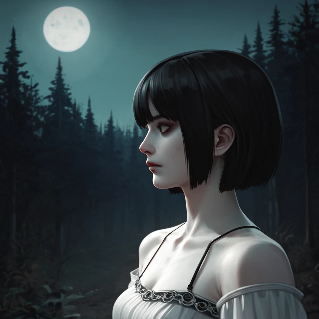 score_9, score_8_up, score_7_up, masterpiece, horror aesthetic, dark aesthetic, emo, black hair, portrait, horrorp, blouse, pale skin, asian, dress <lora:horrorp-10:0.6> h, night, forest background, horrorp, profile picture