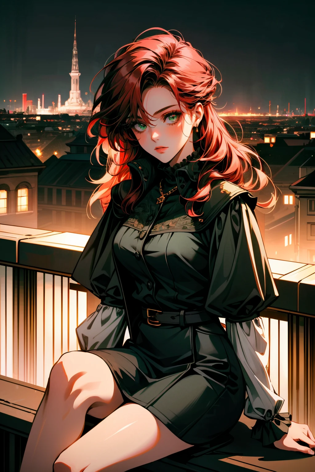 ((ultra detailed, masterpiece, absurdres))
 <lora:ACUElise:0.8>
ACUElise, 1girl, red hair, green eyes, looking at viewer, overlooking the city from a rooftop bar at night, chic outfit, sitting