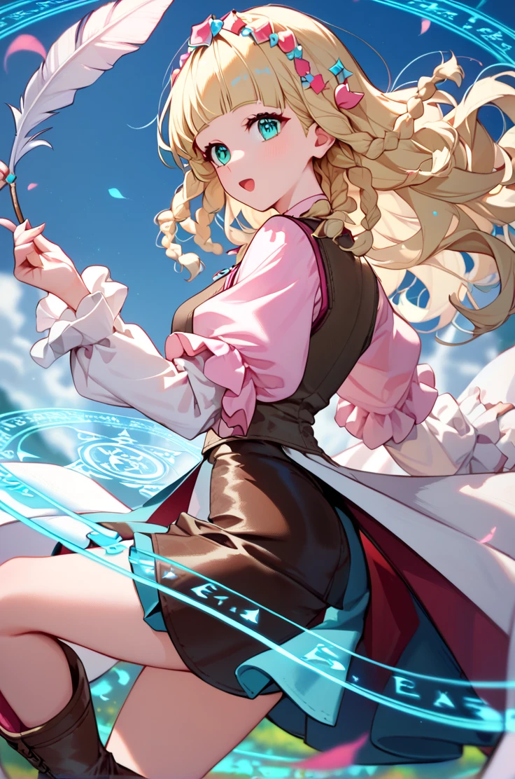 score_9, score_8_up, score_7_up, very aesthetic, source_anime, detailed,
cowboy shot, blurry background,
holding a feather quill, magic  circle, magic effects, 
open mouth,
<lora:shirley_autismConfetti_v02:1> shirleyBase,  aqua eyes, blonde hair, braids, long hair,  blunt bangs, 
brown vest, pink puffy sleeves, long white sleeves,  wavy hair, pink shirt, brown boots,  white waist cape, brown short skirt,, zPDXL