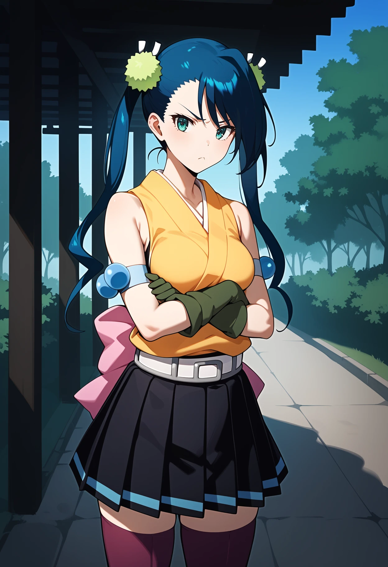 score_9, score_8_up, score_7_up, score_6_up, score_5_up, score_4_up, source_anime, aahibachi, long hair, blue hair, twintails, hair ornament, aqua eyes, breasts, japanese clothes, yellow shirt, sleeveless, armband, green gloves, belt, pink bow, pleated skirt, black skirt, purple thighhighs, <lora:hibachi_ponyxl_v1:0.9>, crossed arms, pout, standing, cowboy shot, park