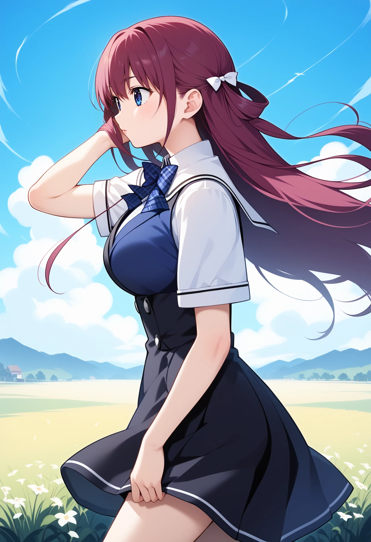 score_9, score_8_up, score_7_up, score_6_up, score_5_up, score_4_up, source_anime, aaamane, long hair, purple hair, hair bow, breasts, school uniform, plaid bowtie, pinafore dress, black dress, white shirt, short sleeves, <lora:suou_amane_ponyxl_v1:0.9>, hand in own hair, from side, wind, field, looking at another, standing, cowboy shot, solo