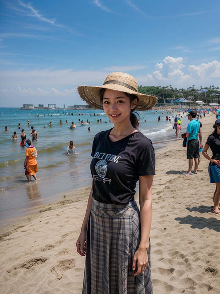 <lora:add_detail:0.5> (realistic, photo-realistic:1.25),
<lora:JPN_Beach-v1:0.8> outdoors, beach, ocean, crowd, island, 
1girl, asian, 25yo, 
standing, facing viewer, looking at viewer, (upper body:1.2), 
(t-shirt, short sleeves, long skirt, casual:1.2), straw hat,