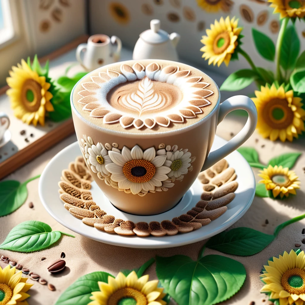a cappucino made of sunflowers in a 's bedroom, depth of field, detailed background, masterpiece, digital photograph, (DSLR:1.25), ludicrously detailed
<lora:sunflowers-000011:1>