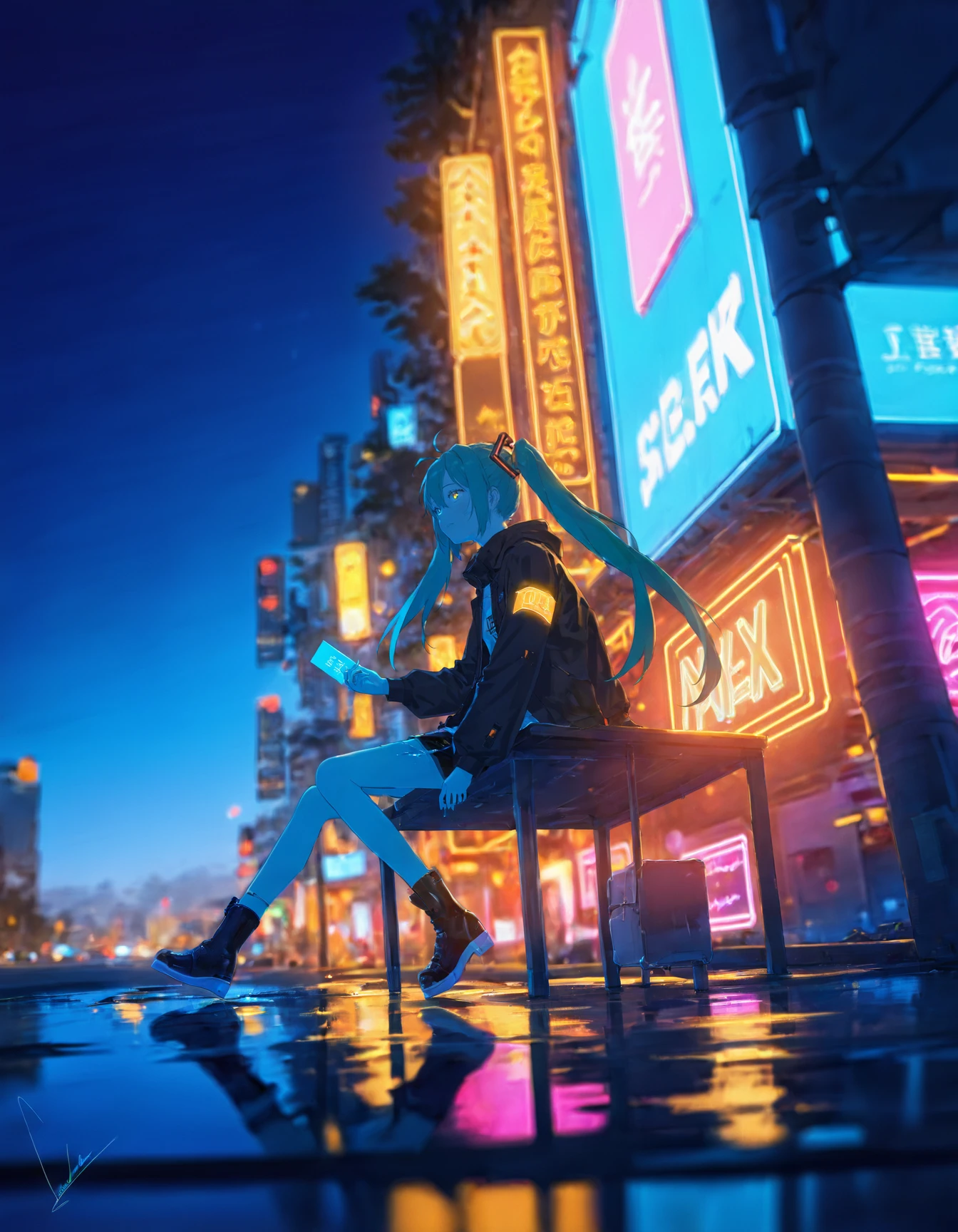 a neon sign saying "YX", 1girl, solo, sitting, from below, full body, dark, hatsune miku, night, cyberpunk, neon lights, blurry, bokeh, building, puddle, reflection, <lora:loundraw:0.8>