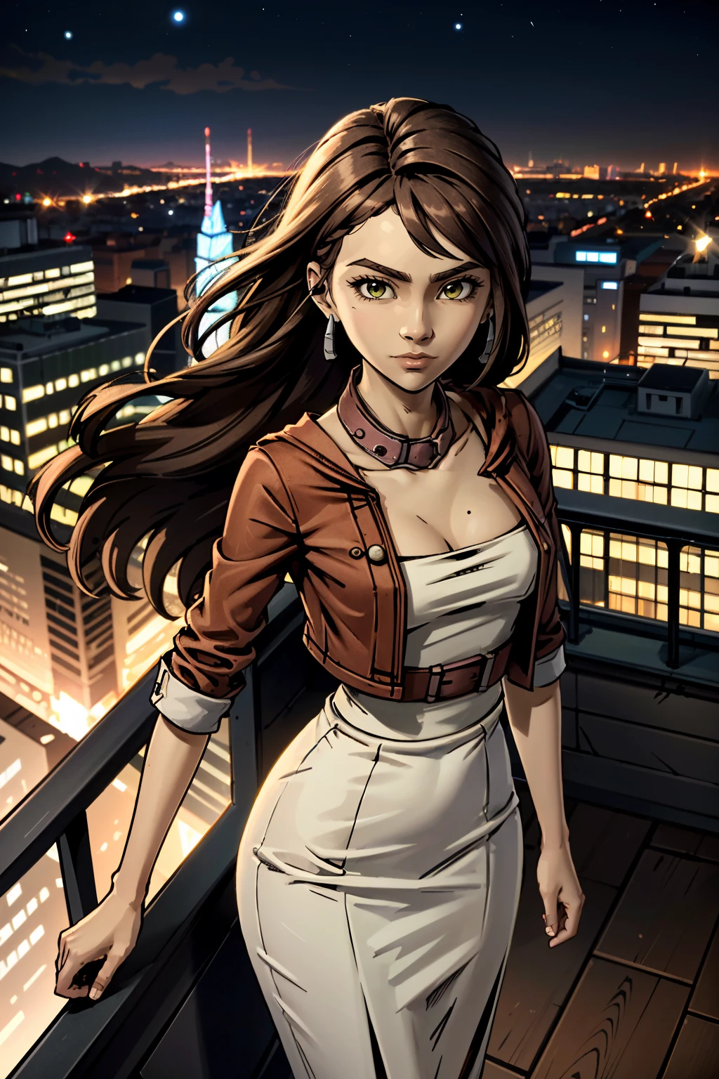 ((ultra detailed, masterpiece, absurdres))
 <lora:BSasha:0.8>
BSasha, 1girl, brown hair, long hair, looking at viewer, overlooking the city from a rooftop bar at night, chic outfit, standing