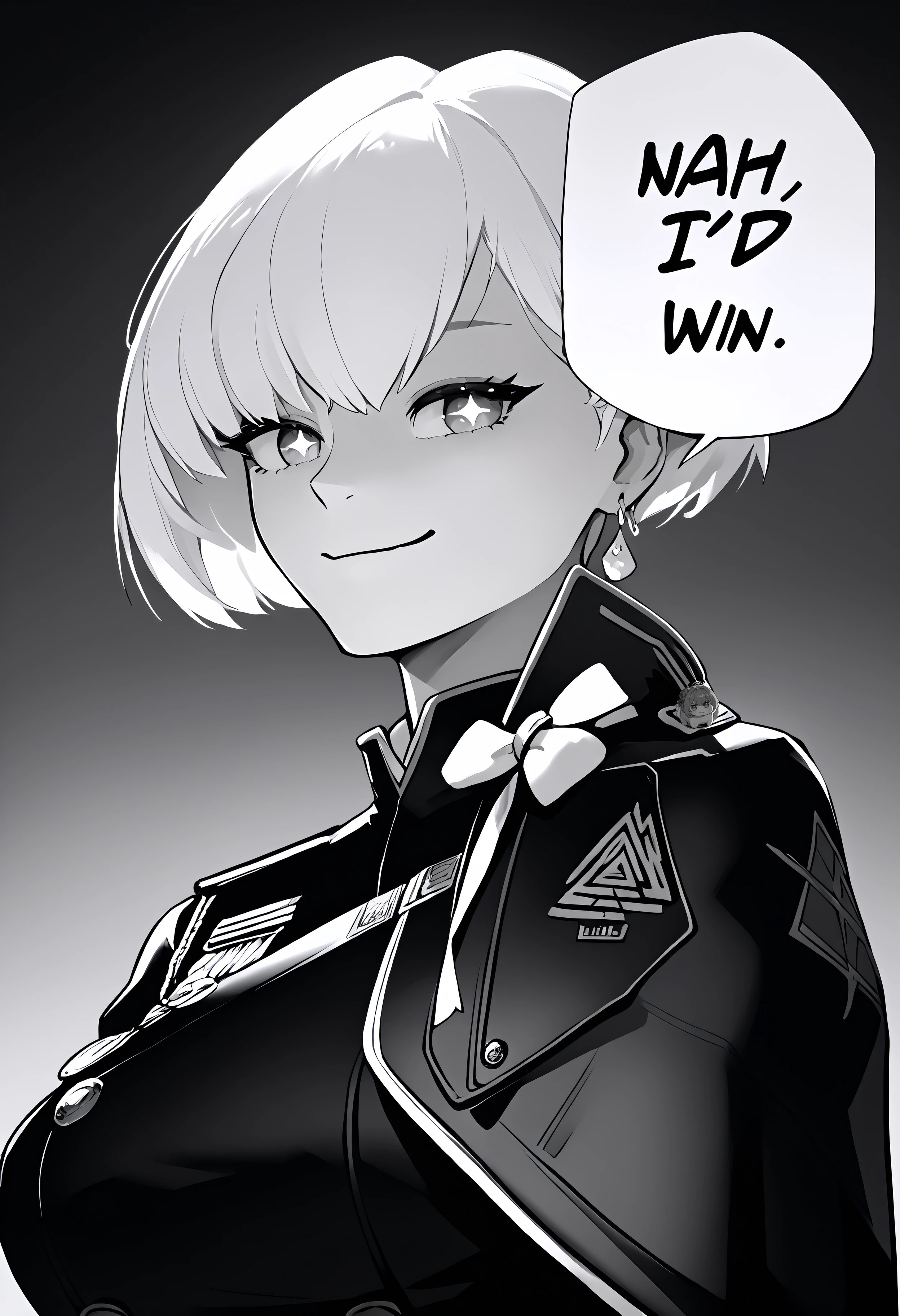 <lora:liliweiss_nikke_xypher_pdxl_v1:1> score_9, score_8_up , score_7_up BREAK source_anime, liliweissx, white hair, short hair, smile, closed mouth, symbol-shaped pupils, earrings, 
military uniform, long sleeves, black dress, side cape, white bow, arms at sides, from below, <lora:meme_nahidwin_ponyXL:1> nahidwin, speech bubble, english text, monochrome, greyscale, from side, looking at viewer