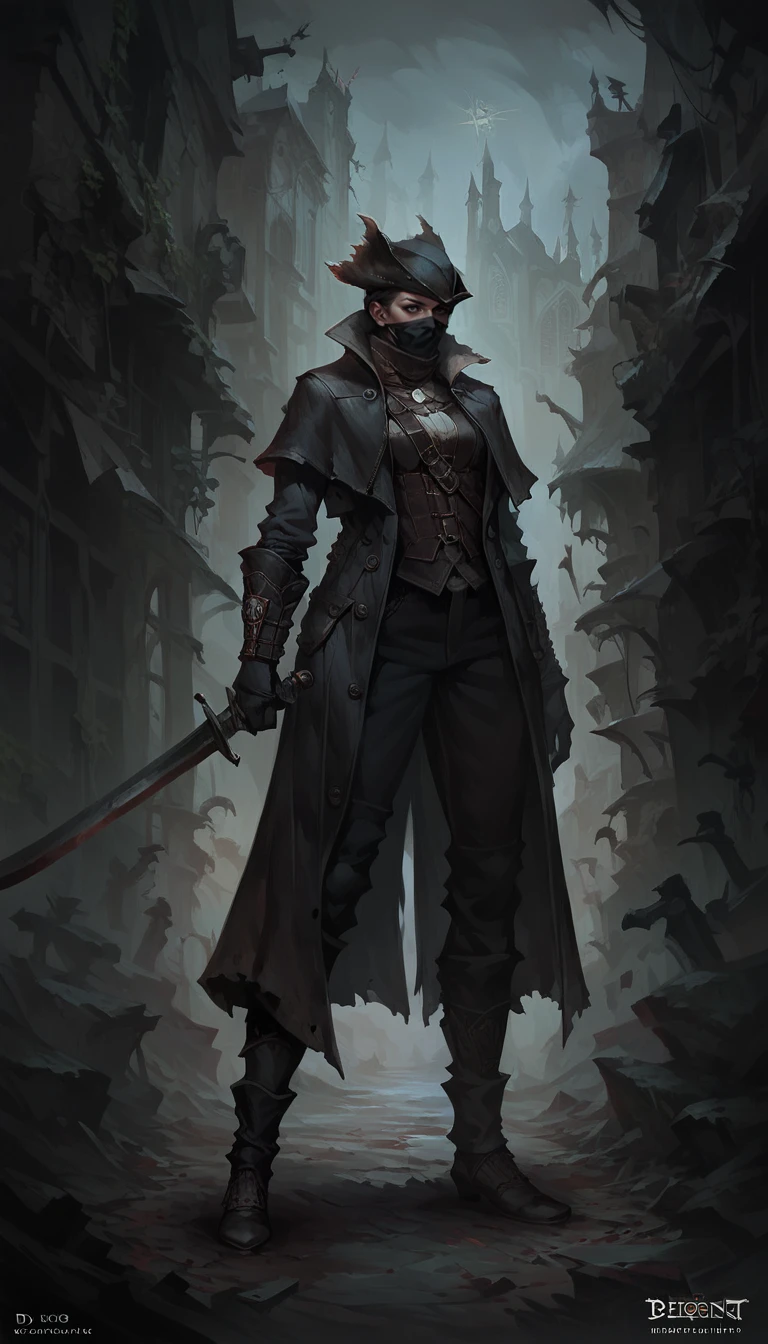 score_9, score_8_up, score_7_up, 1girl,  full body shot, dynamic pose,  holding sword, dark alley, church, detailed background
 leather coat, long coat, leather pants, , hunter gloves, hunter trausers, hunter hat, facemask
 <lora:Bloodborne_Hunter_set:0.8>, 
 <lora:GwentStyle_v2:0.6> gwentstyle
 <lora:Concept Art DarkSide Style LoRA_Pony XL v6:0.6> concept art, realistic, dark theme, low light,