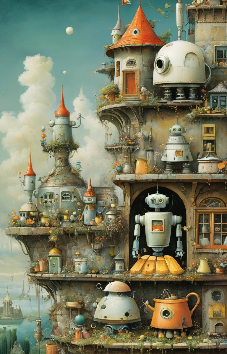 masterpiece,best quality,<lora:tbh357-sdxl:0.6>,illustration,style of Daniel Merriam portrait of Housework robots