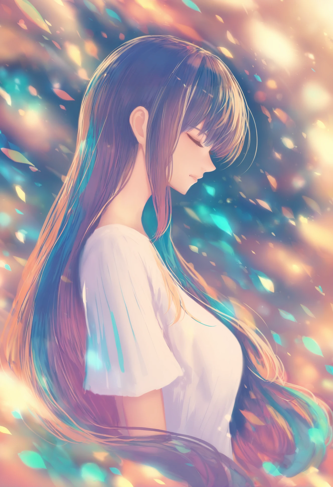 masterpiece, best quality ,1girl, solo, colorful, long hair, closed eyes, upper body, from side, shirt, profile, abstract, white shirt, short sleeves, closed mouth
<lora:é²äººXLlokr4f-000166:0.95>