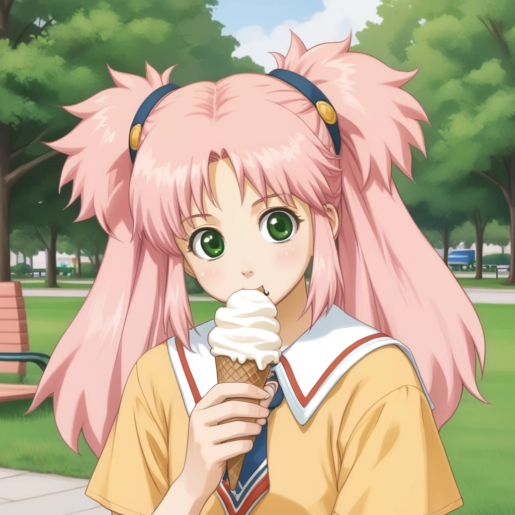 1girl, solo, portrait, <lora:jessicaXLpony:1> jessica, pink hair, green eyes, long hair, twintails, eating an ice cream, park,