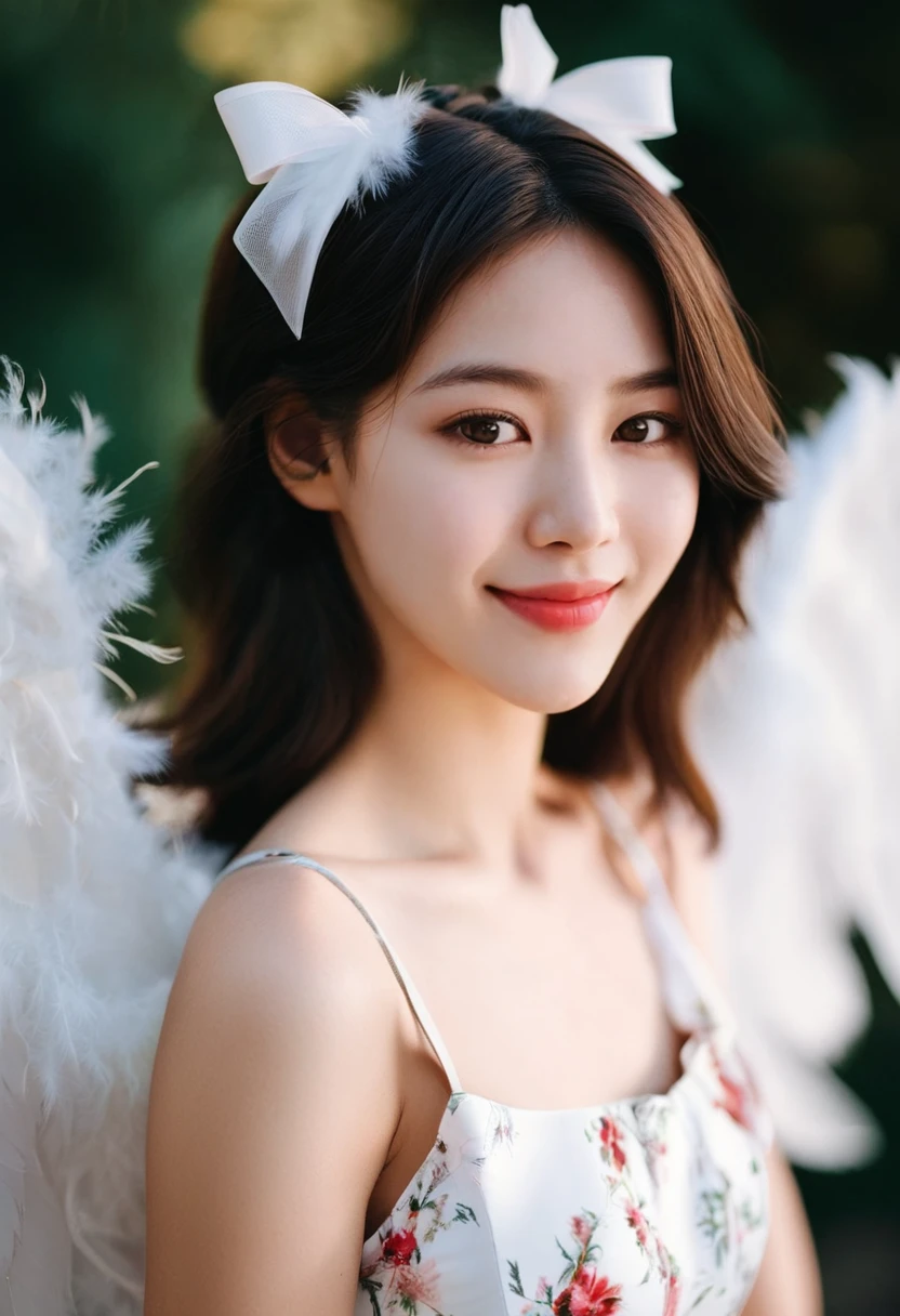 photorealistic, cinematic, 1girl, solo, looking at viewer, smile, brown hair, black hair, dress, bow, ribbon, bare shoulders, brown eyes, hair bow, wings, sleeveless, white dress, blurry, black eyes, lips, floral print, feathers, angel wings, realistic, detailed background, film photography aesthetic, film grain, analog photography,