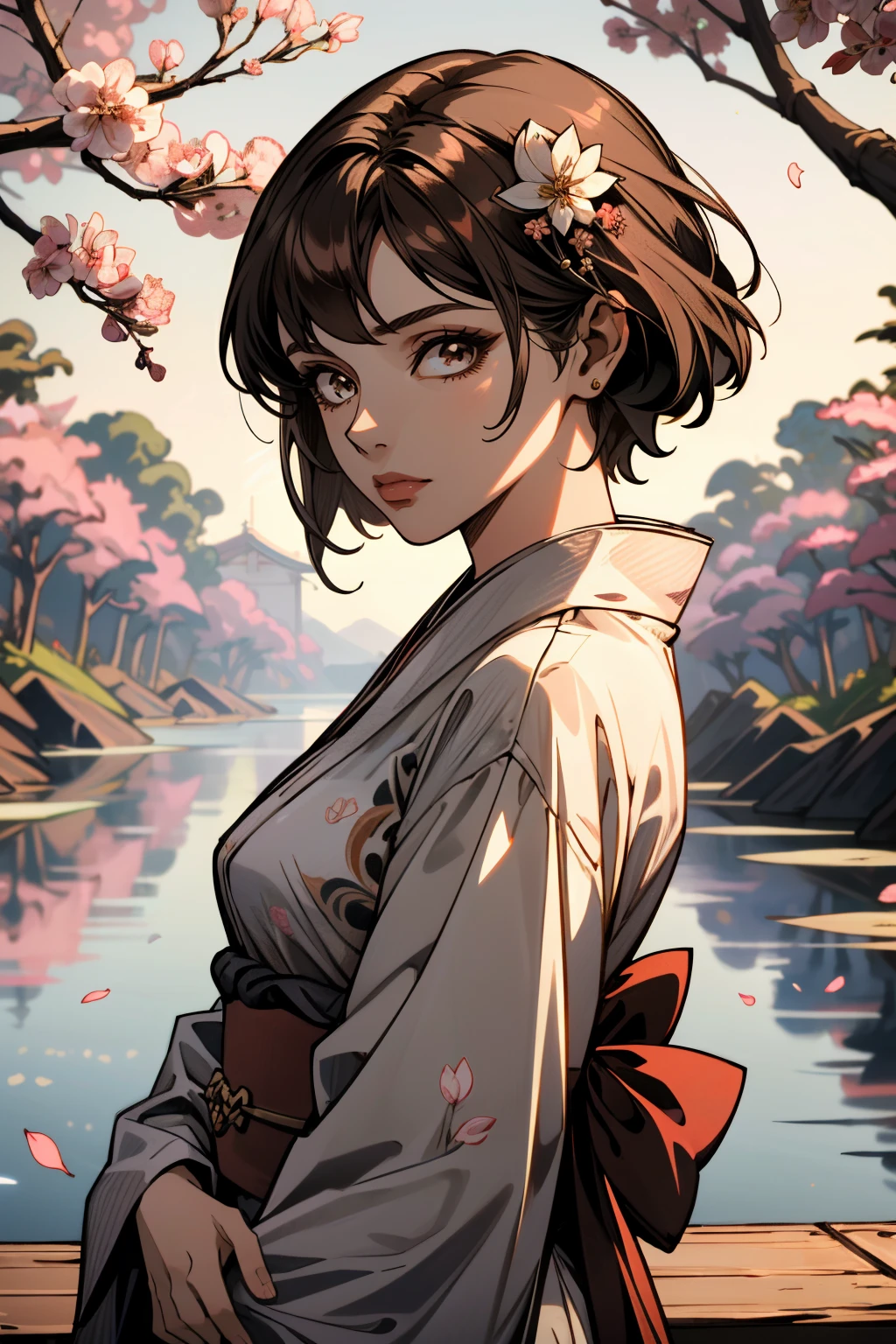 ((ultra detailed, masterpiece, absurdres))
 <lora:BFiona:0.8>
BFiona, 1girl, short hair, brown hair, looking at viewer, yukata, japan, cherry blossoms, hair ornament