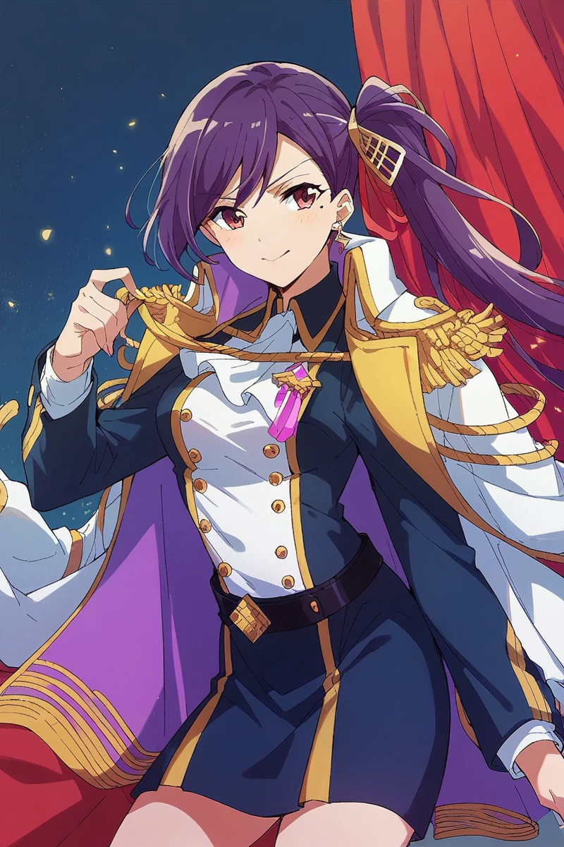 score_9, score_8_up, score_7_up, score_6_up, 1girl,
 <lora:Liu_Mei_Fan_r1:0.9> liu, long hair, purple hair, side ponytail, mole, jacket, epaulettes, stage outfit, color lights, red curtain,