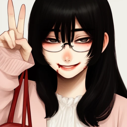 <lora:hoshi3-06:1> 1girl, black hair, (blood:0.8), glasses, long hair, bags under eyes, solo, smile, upper body,