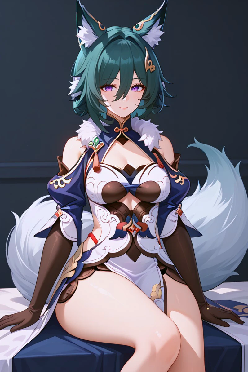 masterpiece,score_9,score_8,anime_source, YukongBren, 1girl, long hair, hair ornament, animal ears, dress, bare shoulders, cleavage, hair between eyes, chinese clothes, green hair, purple eyes, china dress, animal ear fluff, tail, fox ears, black footwear, mature female, medium breasts, gloves, white dress, high heels, clothing cutout, fox tail, brown gloves, black gloves, elbow gloves, fox girl, fur trim, blue eyes, thighs, detached sleeves, very long hair, long sleeves, short hair, large thighs, sitting<lora:EMS-432578-EMS:0.900000>, <lora:EMS-384508-EMS:0.500000>