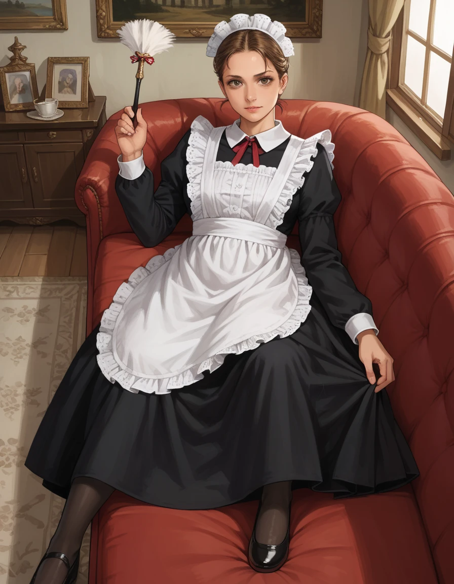 score_9, score_8_up, score_7_up, score_6_up, score_5_up, score_4_up, 1girl, large breasts, brown hair, hud_vic_m4id, black dress, maid apron, frills, maid headdress, <lora:vicmaid-000008:0.8>, feather duster, living room, victorian, lying, couch, spread legs, pantyhose, looking at viewer, from above,  skirt lift, pussy