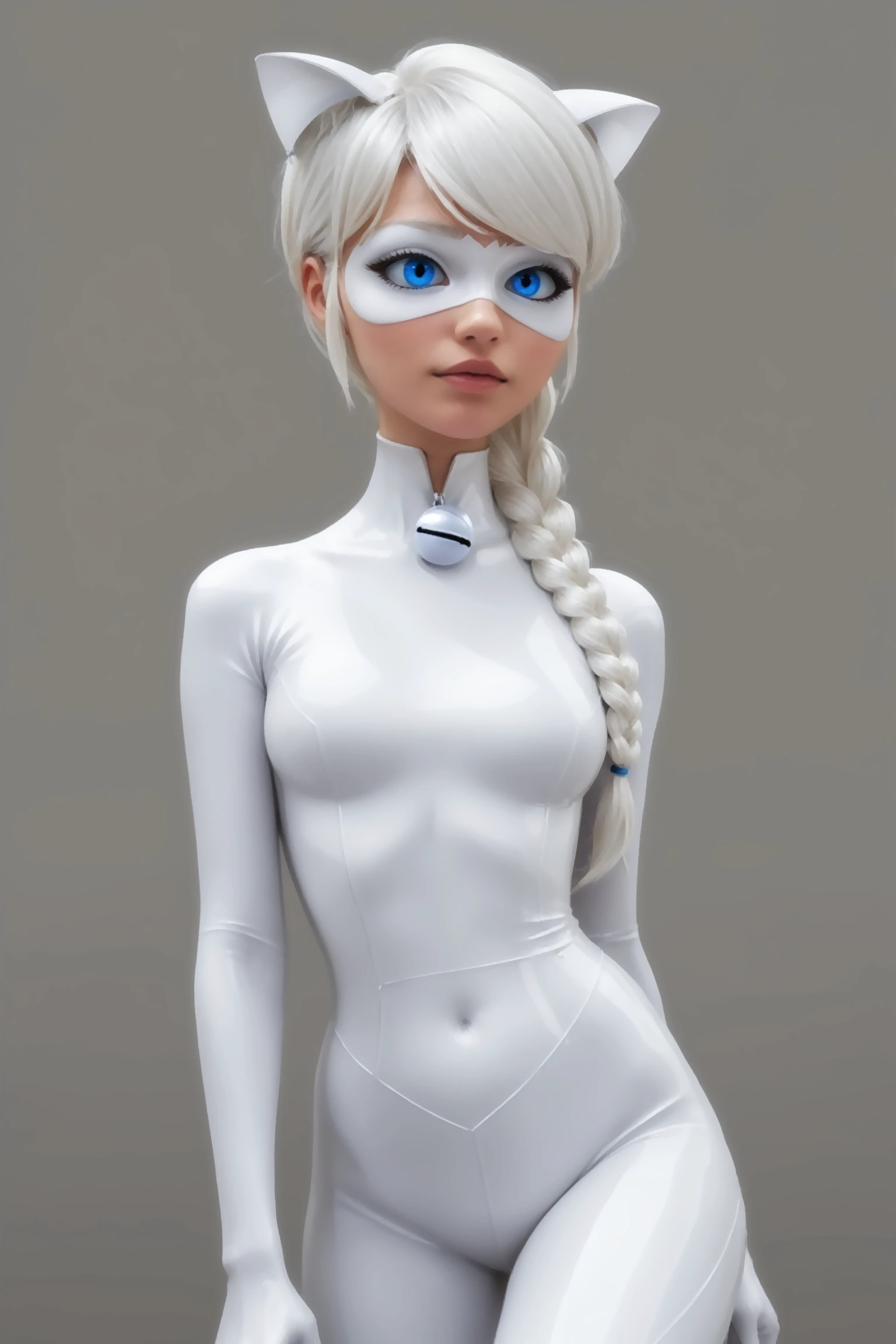 score_9, score_8_up, score_7_up, BREAK, imtdladyblanc, 1girl, adult, white hair, bodysuit, blue eyes, animal ears, braid, single braid, mask, very long hair, cat ears, wide hips, skin tight, white bodysuit, neck bell, braided ponytail, rating questionable.
