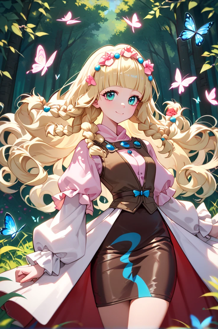 score_9, score_8_up, score_7_up, very aesthetic, source_anime, detailed,
cowboy shot,  forest,
butterfly, looking away, light smile, cowboy shot,
<lora:shirley_autismConfetti_v02:1> shirleyBase,  aqua eyes, blonde hair, braids, long hair,  blunt bangs, 
brown vest, pink puffy sleeves, long white sleeves,  wavy hair, pink shirt,  white waist cape, brown short skirt,, zPDXL