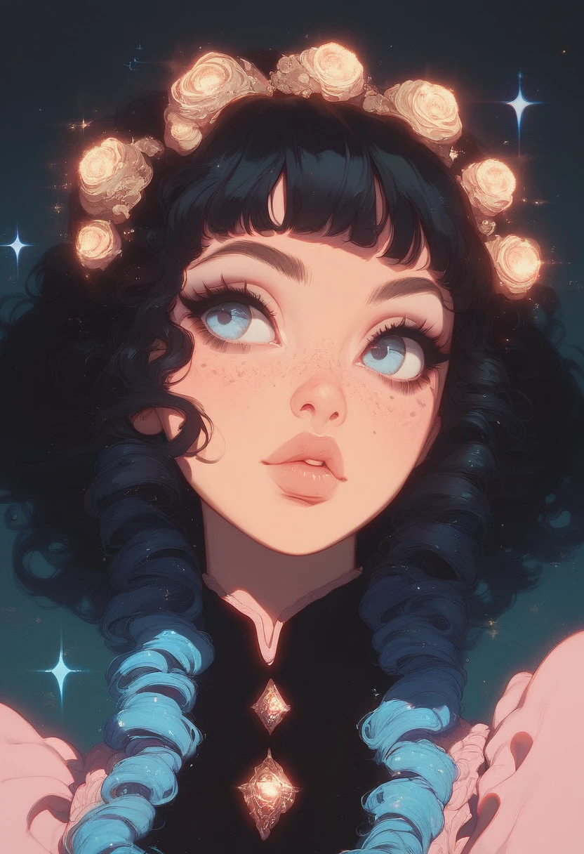 score_9, score_8_up, score_7_up, score_6_up, GLSHS, 1girl, close-up, partial face, large blue eyes, long lashes, black hair, bangs, glossy lips, freckles, pink and blue sparkles on face, looking to the side, detailed, soft lighting, ethereal glow, dreamy atmosphere