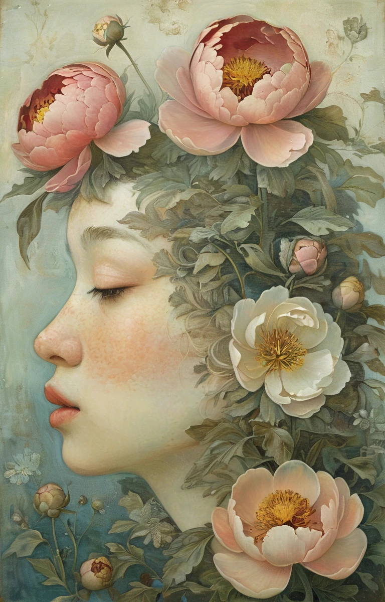 masterpiece,best quality,<lora:tbh357-sdxl:0.6>,illustration,style of Daniel Merriam decaying peonies