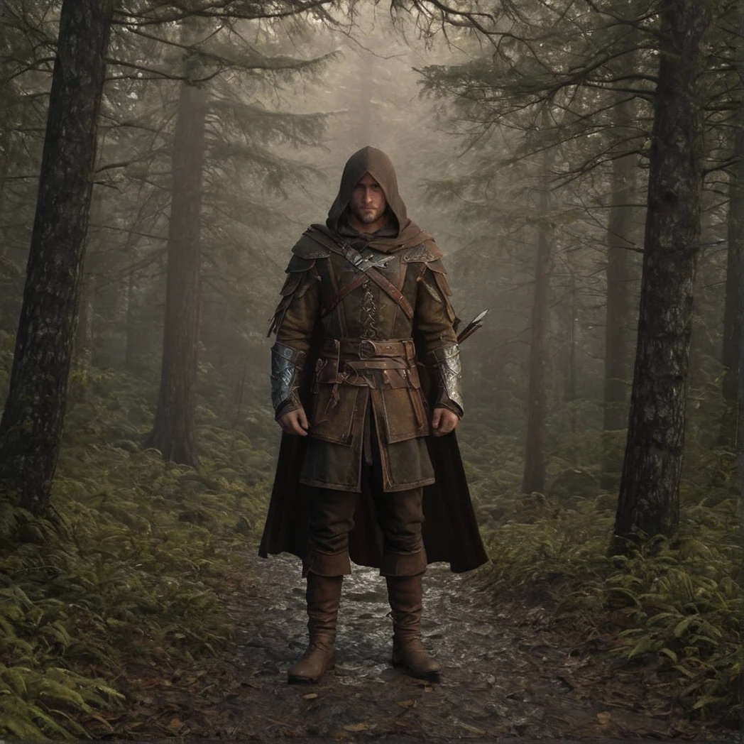 1boy, solo, Archer, fantasy armor, Noble, full armor, belt, leather boots, cape, gauntlets, Bow, Arrows, Quiver, Front-facing, Front, moody forest, (UHD, 8K, ultra detailed, looking at the camera, highly detailed, best quality, best aesthetic, high detail, amazing detail, masterful, work of a master, highly detailed background, shallow depth of field, photorealistic, RAW image, 
8k high resolution, ray tracing, realistic, mid day, volumetric lighting), badneg-xl, medium shot, mid shot, 