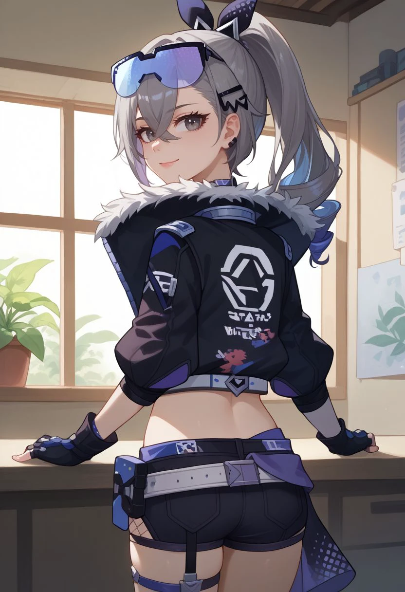 score_9, score_8_up, score_7_up, source_anime, 1girl, silverwolfdef, grey eyes, grey hair, long hair, ponytail, hair between eyes, drill hair, eyewear on head, hair ribbon, choker, crop top, fur trim, black jacket, cropped jacket, midriff, navel, black gloves, fingerless gloves, black shorts, short shorts, thigh strap, bandaid, fishnet socks, standing, smile, looking at viewer, indoors, portrait, close-up, facing viewer, from behind, looking back, <lora:Silverwolf_v1-000010:1>