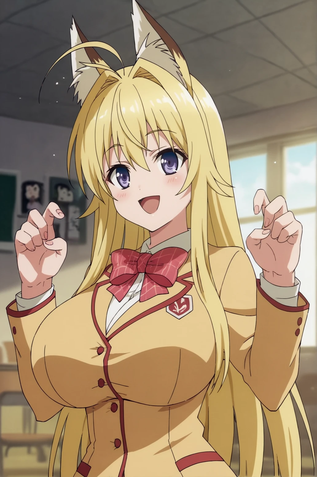 score_9, score_8_up, score_7_up,anime_source, source_anime, best background, detailed background, anime screencap, Chizuri, 1girl, ahoge, long hair, school uniform, solo, animal ears, fox ears, blonde hair, seductive body, victory pose, sedictive smile, huge breasts, bow, dynamic angle, dynamic pose, dynamic camera, victory fingers, indoors, <lora:JN_Chizuru_Minamoto:0.8>