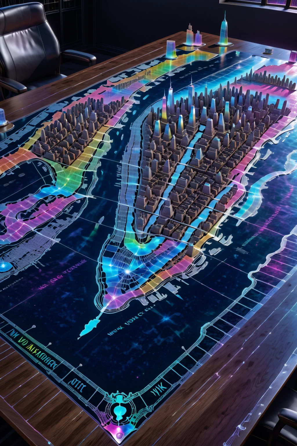 top view of a holographic Display of New York City map, sitting on a large table, holographic multicolored ink, high quality, imagination, 64k, fantasy art, vivid holographic colors,