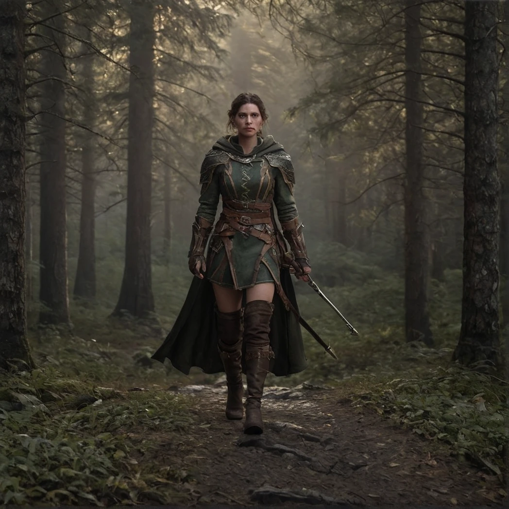 1girl, solo, Archer, fantasy armor, Noble, full armor, belt, leather boots, cape, gauntlets, Bow, Arrows, Quiver, Front-facing, Front, moody forest, (UHD, 8K, ultra detailed, looking at the camera, highly detailed, best quality, best aesthetic, high detail, amazing detail, masterful, work of a master, highly detailed background, shallow depth of field, photorealistic, RAW image, 
8k high resolution, ray tracing, realistic, mid day, volumetric lighting), badneg-xl, medium shot, mid shot, 