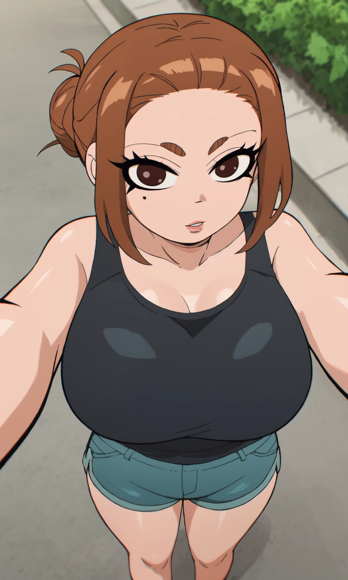 score_9, score_8_up, score_7_up, source_anime, aesthetic, intricate details, 1girl BREAK
<lora:Scott_Pilgrim_Takes_Off_style:1> scott_pilgrim_style, <lora:Sumireko_Ogawa:0.8> sumirekoxl, brown hair, brown eyes, mole under eye, thick eyebrows, sidelocks, hair bun, single hair bun, short hair, huge breasts, tank top, black tank top, short shorts, blue shorts, standing, pov, selfie, outdoors, street, parted parted lips,