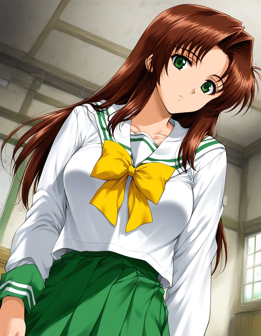 score_9, score_8_up, score_7_up, source_anime, rating_explicit, BREAK <lora:Fujima_Moeko_XL:1> FujimaMoeko, brown hair, breasts, green eyes, long hair,
1girl, solo, pink school uniform, long sleeves, bow, serafuku, indoors, yellow bow, shirt, green skirt,ãlooking at viewer,
from below
expressionless
apartment house, room,