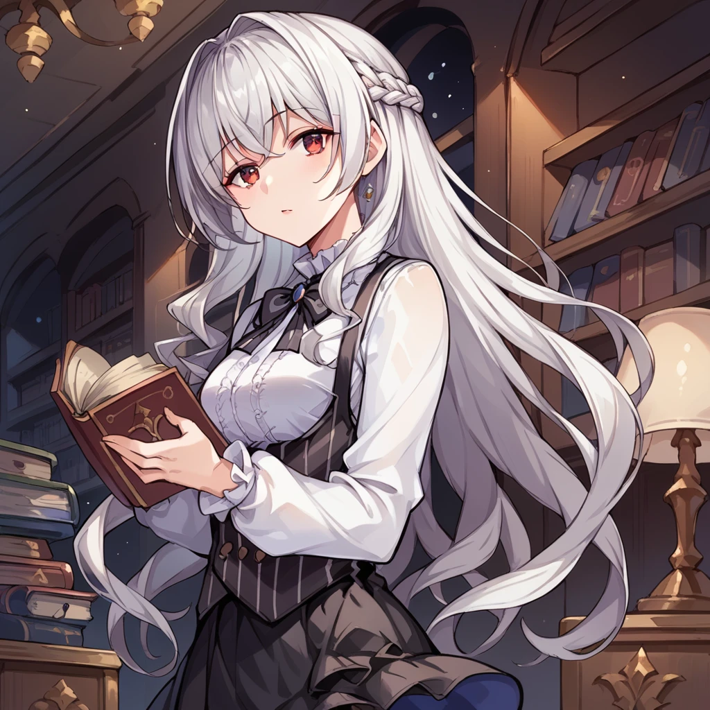 score_9_up, score_8_up, score_7_up, source_anime, masterpiece, best quality, 1girl, solo, Allan_Poe, night time, lamp, standing, curious, half opened mouth, holding book, from side, looking at you, long hair, red eyes, white hair, white shirt, frilled skirt, black skirt, black bowtie, suspenders, black vest, hair intakes, braid, white pantyhose, jewelry, mature body, dynamic cowboy shot, indoors, library background