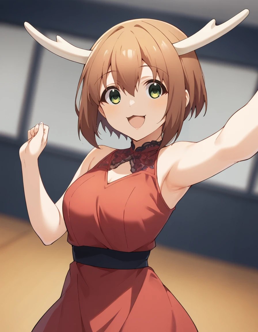 score_9, score_8_up, score_7_up, source_anime, blurry background, BREAK
1girl, solo, looking at viewer, dutch angle,
noko shikanoko, horns, brown hair, short hair, green eyes, hair between eyes, happy,
red dress, dancing,
<lora:noko_shikanoko_anime-soralz:0.9>