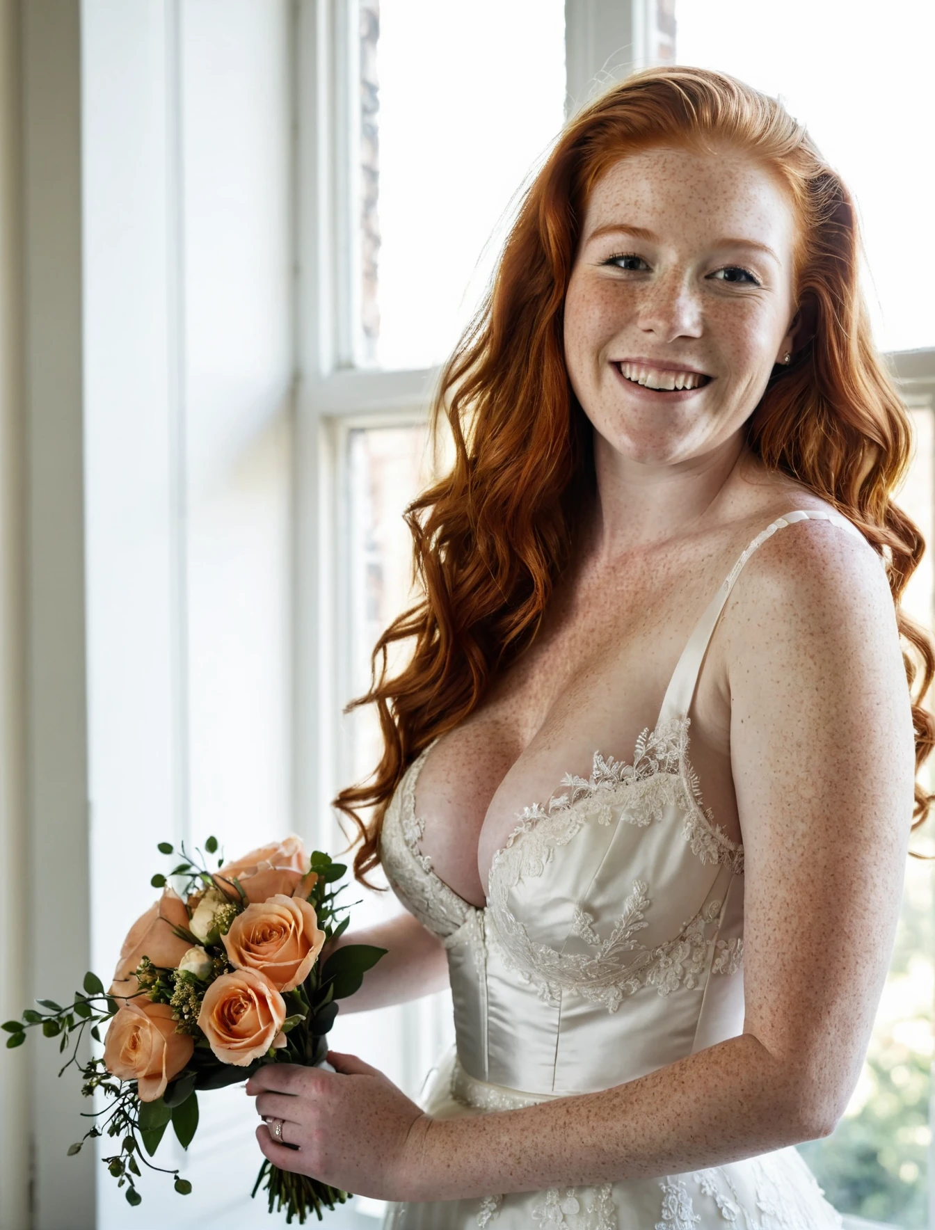 bride, busty redhead, 20yo, beautiful, cinematic lighting, freckles, frkld, beautiful, realistic, photograph, laughing, holding bouquette, godrays, inside next to a window, sunlight coming through window, big breasts, detailed face, detailed skin, long hair, wedding dress, lace dress, large cleavage, breast focus, pale, pale skin, huge breasts <lora:heavily_freckled_SDXL_NSFW:0.7>