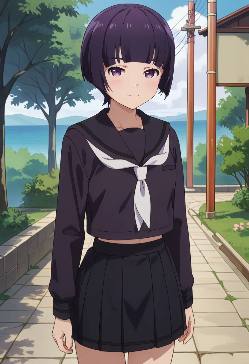 score_9,
<lora:EromangaSensei_SenjuMuramasaXL:0.8>, SenjuMuramasa,
1girl, solo, closed mouth, light smile, light blush,
purple hair, bob cut, blunt bangs, purple eyes,
MuramasaSchool, serafuku, black shirt, white neckerchief, long sleeves, black skirt,
standing, looking at viewer, thigh gap,
outdoors, school