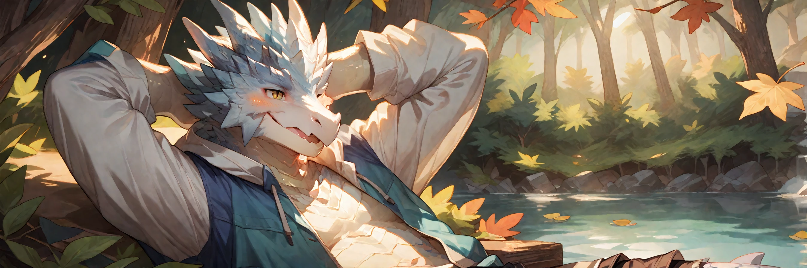 zPDXL,kemono,photoshop background,realistic,detail background,
character design,(lying:0.8),lying within maple leaves,arms behind head,shorts,(upper body:1.3),jacket,
anthro,male,dragon,solo,<lora:Velkhana-NORMAL-XL-rax-v2>,velkhana,white scales,smile,blush,
sunlight,ray tracing,<lora:add-detail-xl:0.8>,autumnl,(maple_leaf:1.2),(maple leaf forest:1.2),