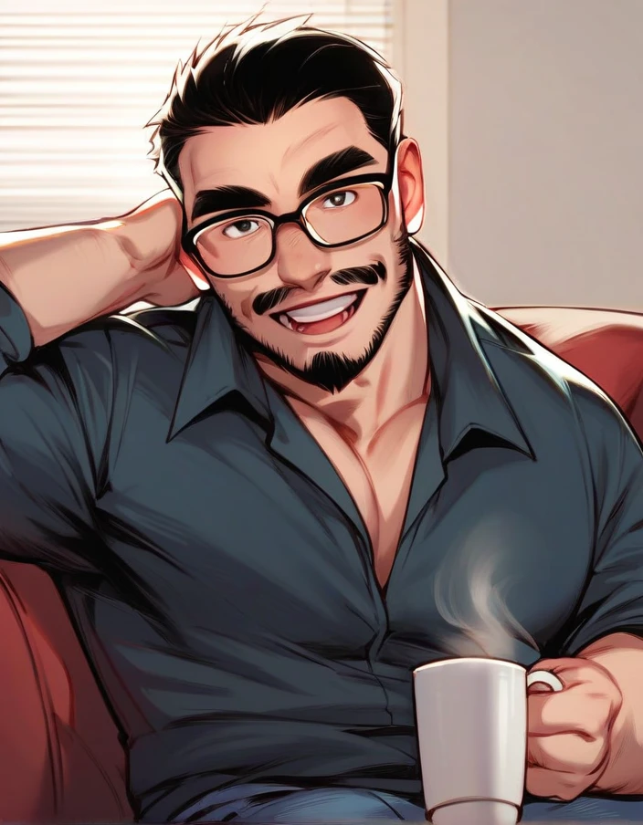 score_9, score_8_up, score_7_up, 1boy, cowboy shot, solo, simple bg,

looking at viewer, smile, short hair, black hair, open mouth, teeth, tongue, glasses, collared shirt, indoors, black eyes, black shirt, facial hair, thick eyebrows, beard, mustache, sideburns, black-framed eyewear, mature male, jeans pants, sitting in sofa, coffee mug, holding coffee mug, drinking coffee