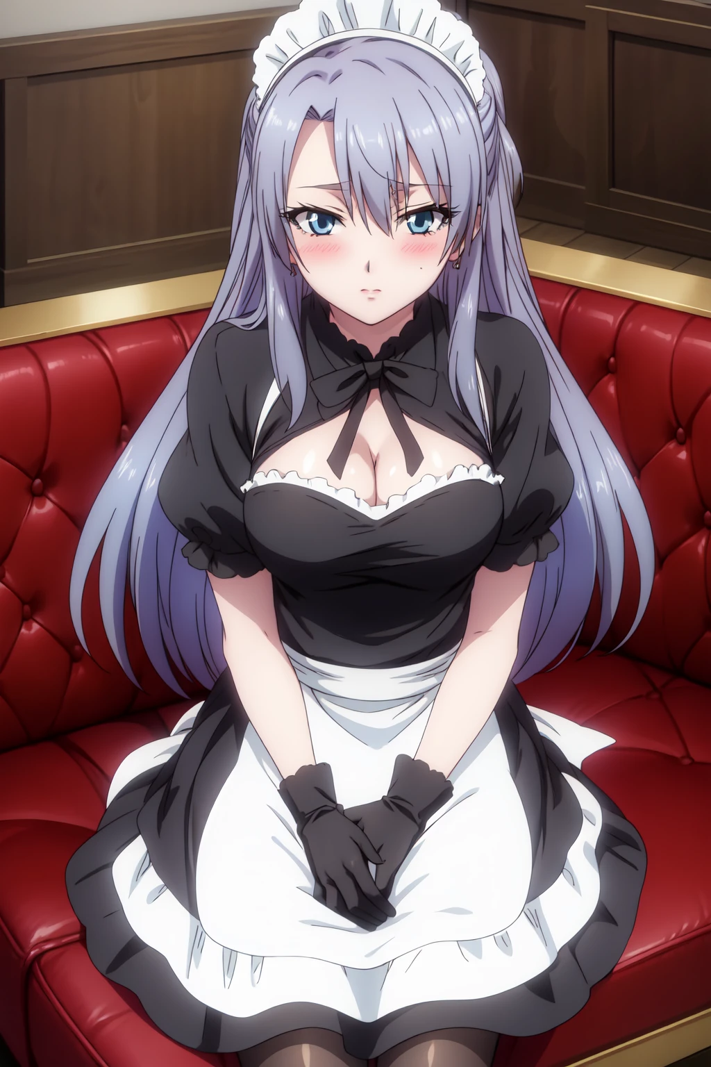 AyameHimuro, 4k, absurd, high resolution, very high resolution, high definition, masterpiece, 1girl, solo, long hair, looking at viewer, blush, blue eyes, gloves, dress, cleavage, hair between eyes, sitting, short sleeves, pantyhose, black gloves, puffy sleeves, apron, black dress, puffy short sleeves, black pantyhose, maid, maid headdress, waist apron, couch, maid apron, enmaided<lora:EMS-433593-EMS:0.800000>