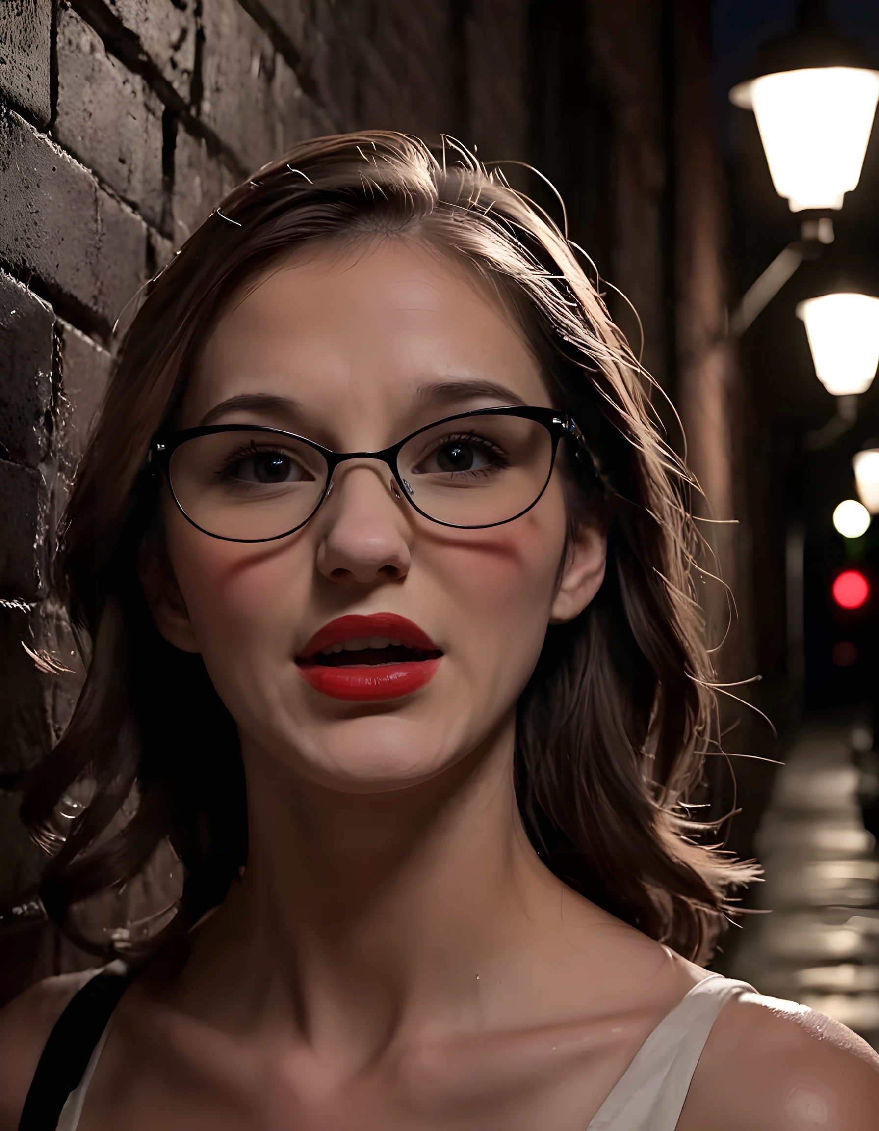 In a dimly lit, atmospheric noir-style setting reminiscent of 1940s New York City, the enigmatic R3353W - a woman with glossy, chestnut-brown hair cascading down her shoulders, donning black-framed eyeglasses that add an air of intellectual sophistication to her appearance - stands in stark relief against the grimy brick wall of a dark alleyway. Her full, red lips are slightly parted as she gazes intently at the viewer with piercing, deep-set eyes, her white teeth glinting in the intermittent streetlight flickering above. The close-up shot captures the intricate details of her makeup and the delicate lines around her mouth, while a single drop of rain trickles down her cheek, adding an element of vulnerability to her otherwise hardened demeanor. A smoky haze permeates the air, casting long, dramatic shadows that accentuate the deep crevices in the alleyway's walls and emphasizing the harsh contrast between the woman's striking features and the gritty surroundings. The emotional tone of the image is one of mystery, intrigue, and a hint of danger, as R3353W seems to be waiting for something - or someone - that could change her life forever.