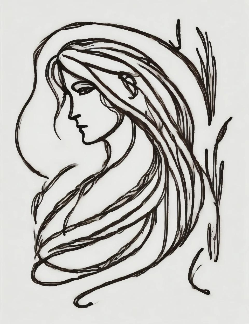 DonM0n3L1n3 one line drawing, ramanga, female humanoid creature, hidden tail, beautiful, alluring, long flowing hair covering part of the face, traditional attire, rustic clothing, back covered in bark, forest natural surroundings, seductive, mysterious forest spirit, benevolent, beyond <lora:DonM0n3L1n3:0.8>